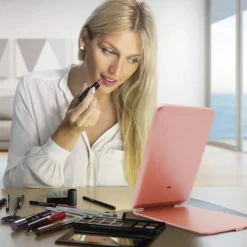 Sale UNIQ Opvouwbare LED Make‑upspiegel (USB oplaadbaar) – Reisspiegel met 3 Lichtstanden, Roze Make-Up Spiegels