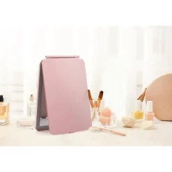 Sale UNIQ Opvouwbare LED Make‑upspiegel (USB oplaadbaar) – Reisspiegel met 3 Lichtstanden, Roze Make-Up Spiegels